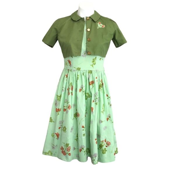 Vintage Carol Rodgers Junior Green Floral 2 Piece Dress With Bolero Jacket Set - Picture 1 of 16